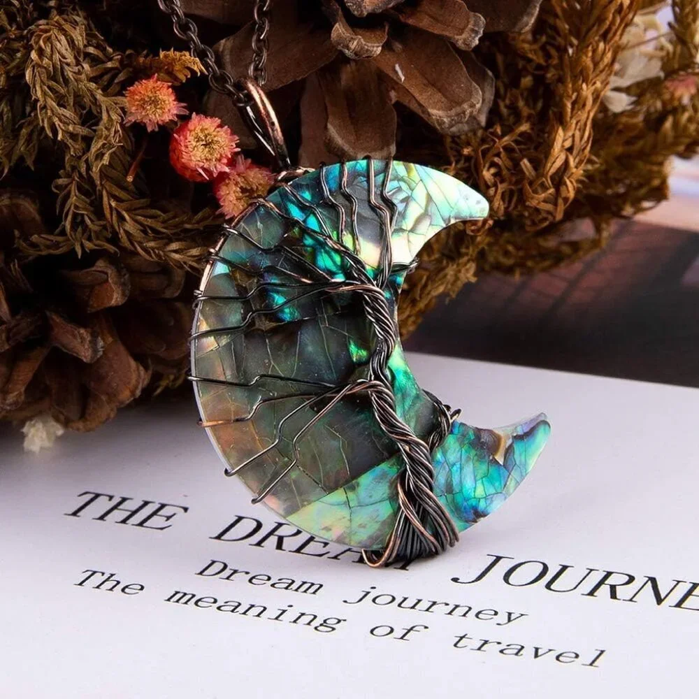 Witch Moon Necklace Copper Wire Abalone Crystal Pendant Natural Stones
